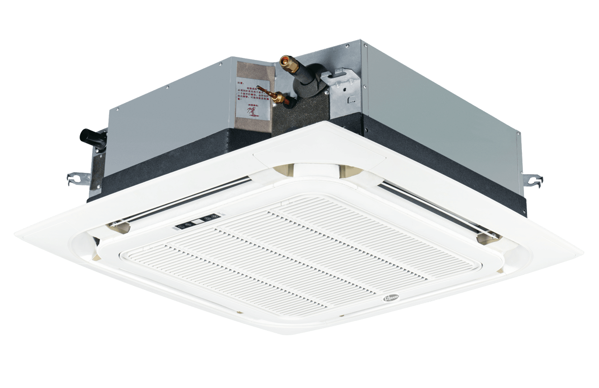 Rheem/Ruud Inverter Ceiling Cassette Indoor Unit (White, Square Grille for Recessed Ceiling Installation) - Discreet four-way airflow unit for multi-split commercial HVAC, available from EINSPOT Solutions in Nigeria.