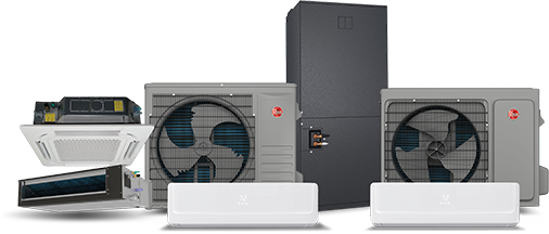 Rheem Ruud Prestige Series Inverter HVAC System Components (Outdoor Condensers, Wall-Mounted Indoor Units, Cassette, and Air Handler) - High-efficiency air conditioning and climate control for commercial and residential buildings, supplied by EINSPOT Solutions in Nigeria.